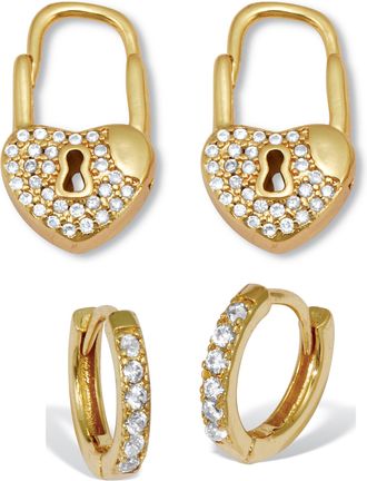 Palm Beach Jewelry Round Crystal Goldtone Heart Lock and Hoop Earrings, 2-Pair Set