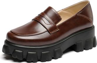 Generic Womens Closed Round Toe PU Leather Loafers Block Heel Platform Pumps Slip on Office Dress Shoes,Brown,5.5 UK