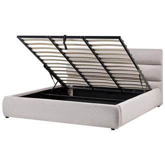 Beliani Cama Tapizado De Tela De Lino Sint&eacute;tico 180 X 200 Cm Con Almacenaje Somier Elevable Gris Bonifacio