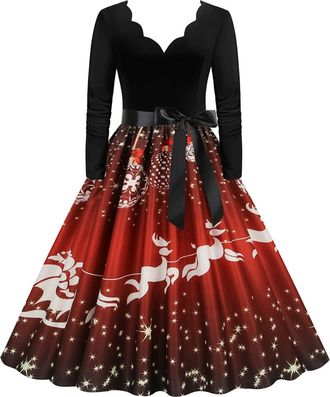 Generic Christmas Dress Womens V Neck Long Sleeve Winter Dress Elegant Perfect Party Printed Xmas Costume Swing Dresses Womens Christmas Sweatshirt Outfits Sw
