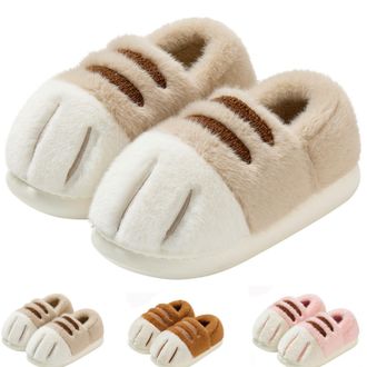 Generic Cute Kitten Pattern Plush Slippers, Soft & Cushioned Cat Paw Slippers for Women, Kids (Light Khaki, UK, Little Kid, 13, Numeric Range, UK Footwear Siz
