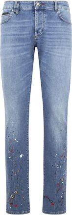 Philipp Plein Super Straight Cut Jeans Paint - Heren - Slim Fit Jeans - Blauw - W28 - Katoen - Jeans