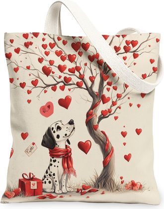 Generic Valentines Day Dalmatian Dog Canvas Tote Bag for Shopping 13x15, Fun Heart Tree Puppy Reusable Grocery Print Pattern Bag for Women, Pet Beach Aestheti