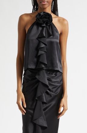 Cinq &agrave; Sept Hallie Rosette Silk Top in Black at Nordstrom, Size Xx-Small