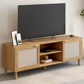IDMarket Mueble Tv Robin 140 Cm Con 2 Puertas De Tela Efecto Lino Y Madera