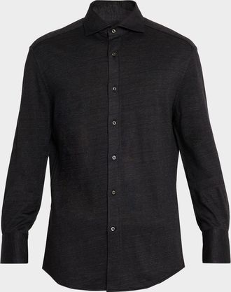 Brunello Cucinelli Mens Linen and Cotton Heathered Sport Shirt