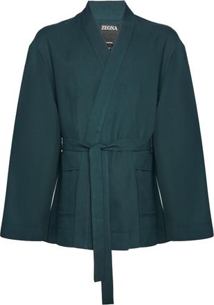Ermenegildo Zegna Open Front V-Neck Kimono Jacket - Heren - Zomerjassen - Groen - XL - Katoen - Jassen