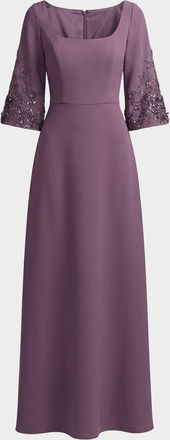 Mac Duggal Beaded Bell-Sleeve Crepe Gown