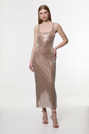 Karen Millen Womens Petite Premium Crystal Embellished Jersey Midi Dress - Nude - Size Large