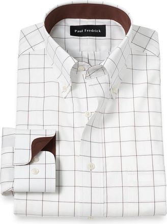 Paul Fredrick Tailored Fit Non-iron Cotton Windowpane Dress Shirt With Contrast Trim