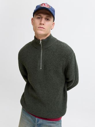 Jack & Jones Troyer JACK & JONES JORBLEECKER KNIT HALF ZIP BF, Herren, Gr. M, forest river detail:schwarz, Strick, Obermaterial: 65% Polyacryl, 35% Baumwolle, unif