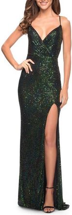 La Femme Long Sequin Gown with Wrap Style Top and Slit in Emerald at Nordstrom, Size 10