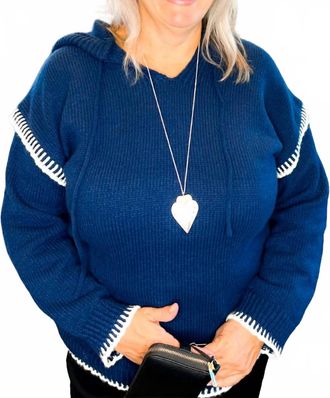 She + Sky Long Sleeve Knit Hoodie Sweater Top With Blanket Stitch Detail In Navy