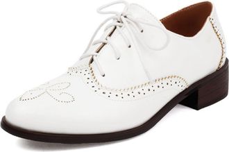 Generic Womens Lace Up Oxford Shoes Round Toe Wingtip Brogue Perforated Low Chunky Heel Cushioned Insole Durable Comfortable Vintage Shoes,White,7.5 UK