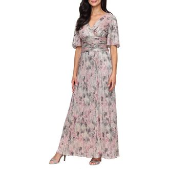 S.L. Fashions Bodre Metallic Floral Print Gown in Beige Multi at Nordstrom, Size 14