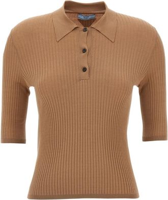 Prada Tops, Dames, Beige, S, Katoen, Katoenen Poloshirt