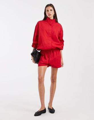 Asos Giacca di jeans rossa con collo a imbuto in coordinato-Rosso