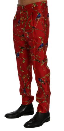 Dolce & Gabbana Mens Red Silk Bird Print Dress Pants