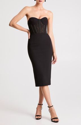 Helsi Natalia Strapless Mesh & Crepe Cocktail Midi Dress in Black at Nordstrom, Size X-Large