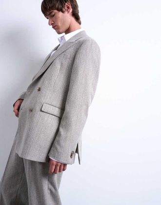 Topman Blazer doppiopetto color pietra con motivo a spina di pesce-Neutro