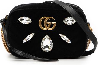 Gucci Pre-owned Womens Mini Gg Marmont Crystal Embellished Matelasse Velvet Crossbody - Black Textile - One Size