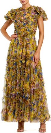 Mac Duggal Micro Ruffle Floral Maxi Dress with Textured Detail in Yellow Multi at Nordstrom, Size 14