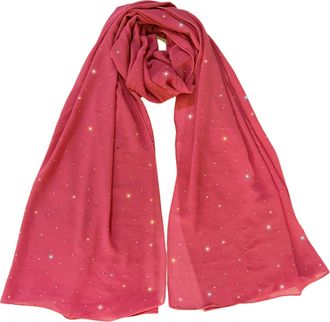 Lina & Lily Sparkle Rhinestones Womens Chiffon Scarf Shawl Head Wrap Hijab Sheer Lightweight (Coral)