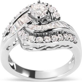 House of Brilliance 14K White Gold 1.00 Cttw Round and Baguette cut Diamond Swirl Cocktail Ring