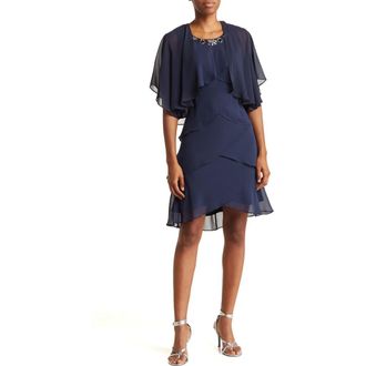 S.L. Fashions Chiffon Tier Jacket & Dress Set in Nav at Nordstrom, Size 10