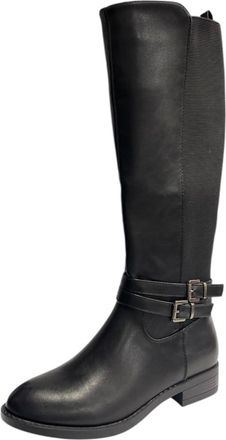 Generic Womens Faux Leather Knee High Elastic Panel Flat Sole Zip Buckle Boots (Black, One Size, UK Footwear Size System, Adult, Women, Numeric, Medium, 6.5)