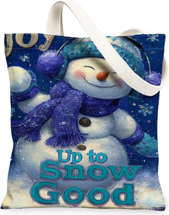 Generic Winter Snow Man Canvas Tote Bags, Joyful Snow Scene Reusable Grocery Bags, Holiday Retro Lightweight Washable Shoulder Stra, Blue, 13x15 Inch