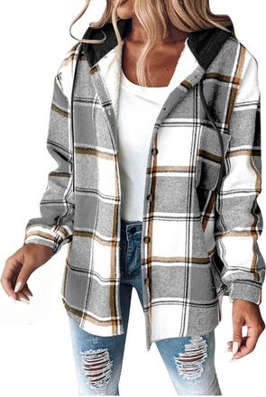 Generic Plaid Hoodies Women Flannel Coat Sherpa Softshell Shacket Button Checked Jackets Vintage Casual Fleece Hooded Soft Warm Smart Button up Coats Outerwea