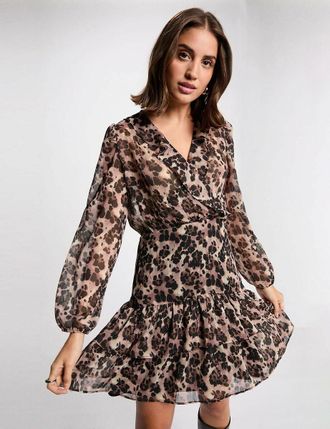Morgan Korte jurk met col van luipaardstof