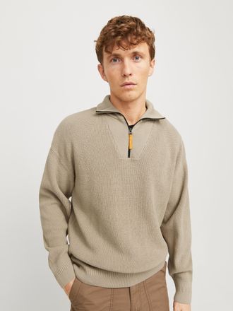 Jack & Jones Troyer JACK & JONES JCOOUTDOOR KNIT HALF ZIP HIGH NECK SN, Herren, Gr. S, beige (crockery), Strick, Obermaterial: 80% Baumwolle, 20% Nylon, unifarben,