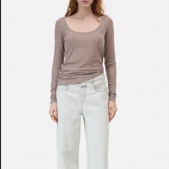 Closed Ripped Ribbed Long Sleeve Tee In Beige