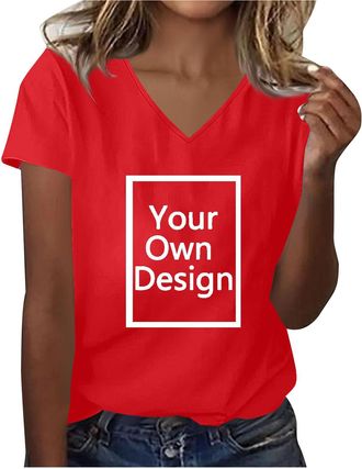 Generic Womens Custom T Shirt Personalised Photo Text Logo Print V Neck Short Sleeve Summer Tee Design Your Own Top Custom Photo Tee UK Red