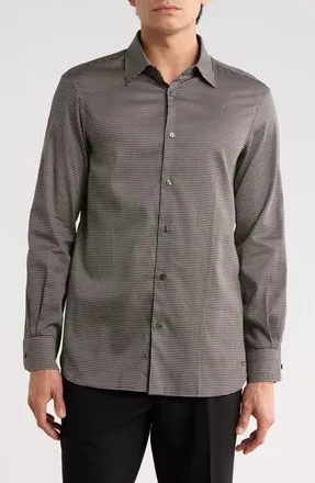 Emporio Armani Birds Eye Stretch Button-Up Shirt in Solid Black at Nordstrom, Size Xx-Large