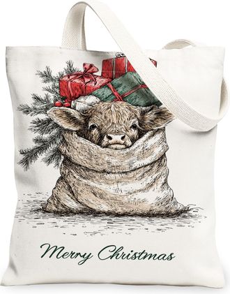 Generic Christmas Cow Canvas Tote Bags, Rustic Animal Design Reusable Grocery Bags, Winter Holiday Lightweight Washable Shoulder St, White, 13x15 Inch