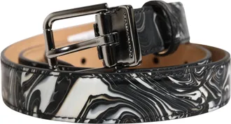 Dolce & Gabbana Men Black Marble Leather Metal Buckle Belt Calf