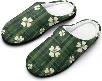 Generic Green Plaid Checkered Shamrocks Mens House Slippers Memory Foam Washable Cotton Slip on Home Shoes