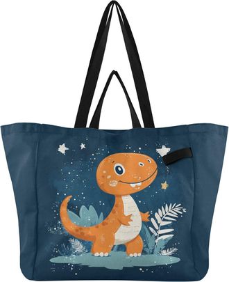 Generic Dinosaur Stars Plants Blue pattern Reusable Canvas Tote Bag, Heavy Duty Grocery Shopping Bag with Double Handles Hard Bottom Large Capacity Work Groce