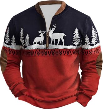 Generic Mens Christmas Jumpers 1/4 Zip Fleece Ugly Christmas Sweatshirt Pullover Men Long Sleeve Plus Size Funny Printed Xmas Jumper Winter Thermal Warm Cosy 
