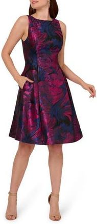 Adrianna Papell Floral Jacquard Back Cutout Cocktail Dress in Navy/Orchid at Nordstrom Rack, Size 12