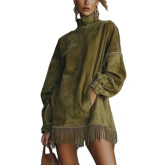 Generic Womens Turtleneck Faux Suede Mini Fringe Dress Vintage, Oversized Long-Sleeved Faux Suede Mid Dresses for Women Fall Winter Velvet Fringe Dress Green