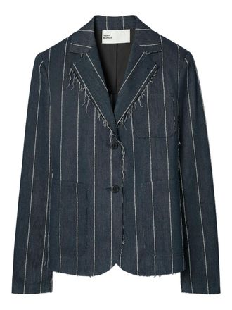 Tory Burch pinstripe frayed-edge blazer - women - Linen/Flax/Cotton/Other fibres/Cotton/Cattle Horn/Cupro - 12 - Blue