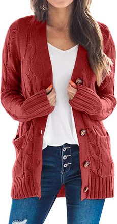 Generic Long Cardigans for Women Chunky Knit Button Down Cardigan Sweater with Pockets Casual Long Sleeve Open Front Coat Fall Womens Sweaters and Cardigans (