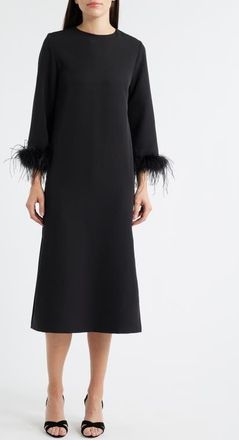 Lucy Paris Mariam Feather Trim Long Sleeve Cocktail Midi Dress in Black at Nordstrom, Size X-Small