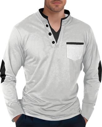 Generic Casual Shirts for Men UK Vintage V Neck Long Sleeve T-Shirts Lightweight Comfortable Patchwork Tops for Autumn Winter Outdoor Sport Clothes, Light Ash