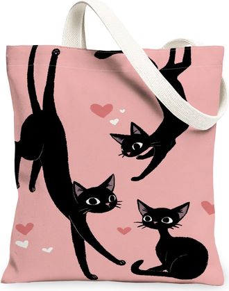 Generic Cat Canvas Tote Bags, Cute Feline Heart Pattern Reusable Grocery Bags, Spring Playful Vintage Lightweight Washable Shoulder, Peach, 13x15 Inch