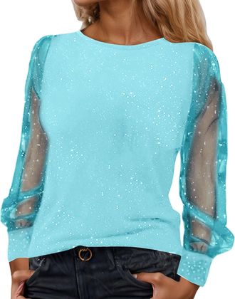 Generic Sparkly Tops for Women UK Sequin Top Christmas Party Wear Lace Mesh Sheer Long Sleeve Top Crew Neck Sequin Tee Shirts Glitter Tops T Shirt Baggy Tunic